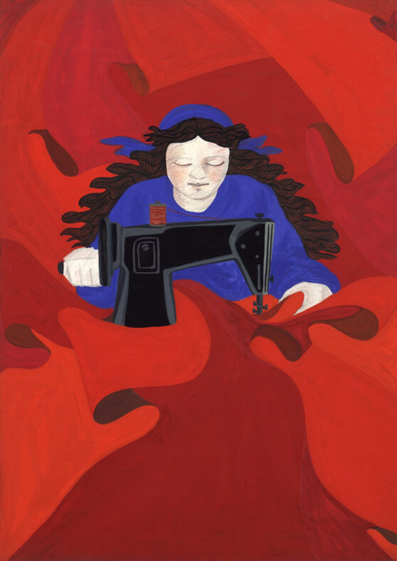 Gülsün Karamustafa, Painting for Poster 1977, Painting for Poster - 1977 First of May (Woman Constantly Sewing Red Flags with Her Sewing Machine), 1977, Courtesy the artist and BüroSarıgedik